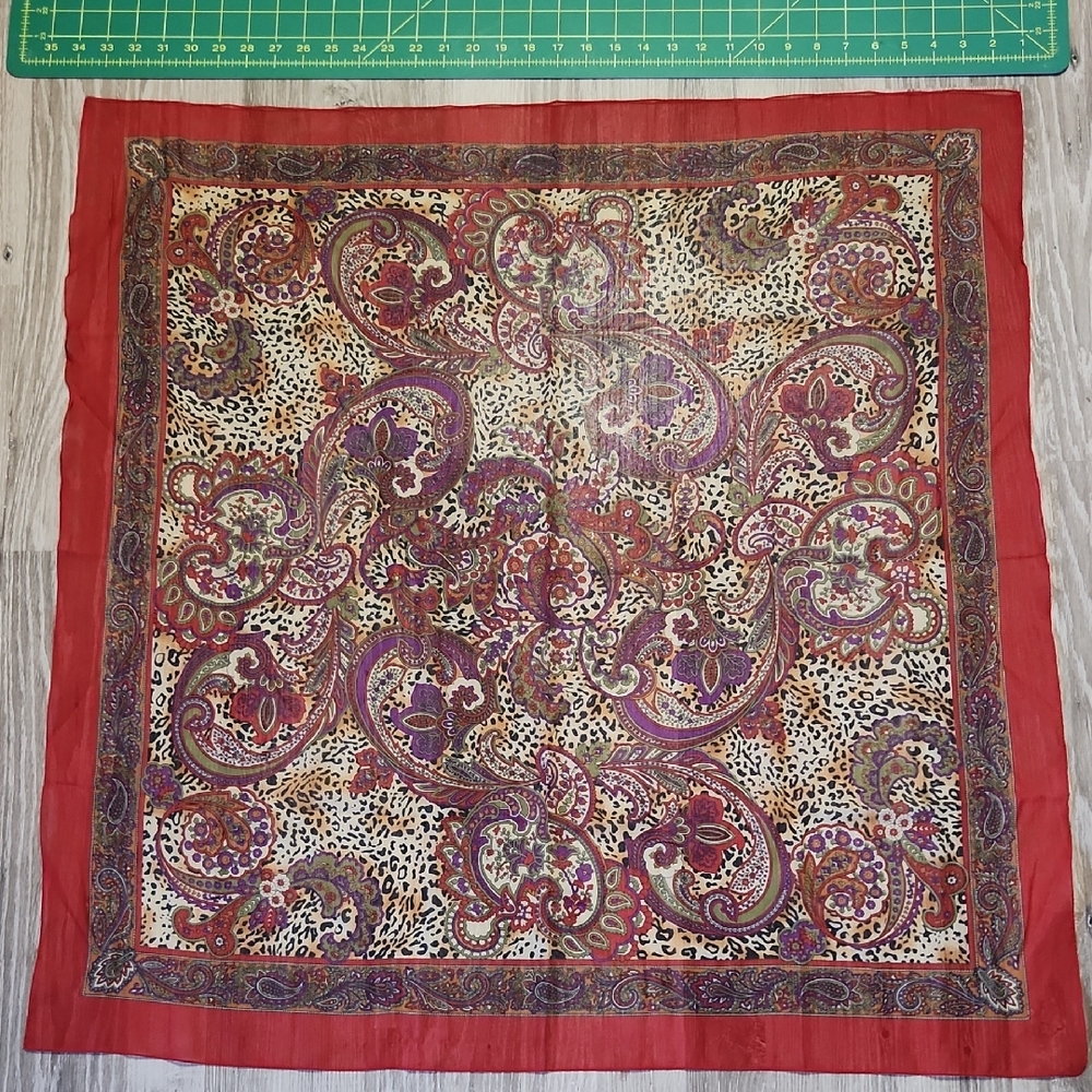 Vintage Sheer Paisley & Leopard Print Silk Scarf in Red and Purple